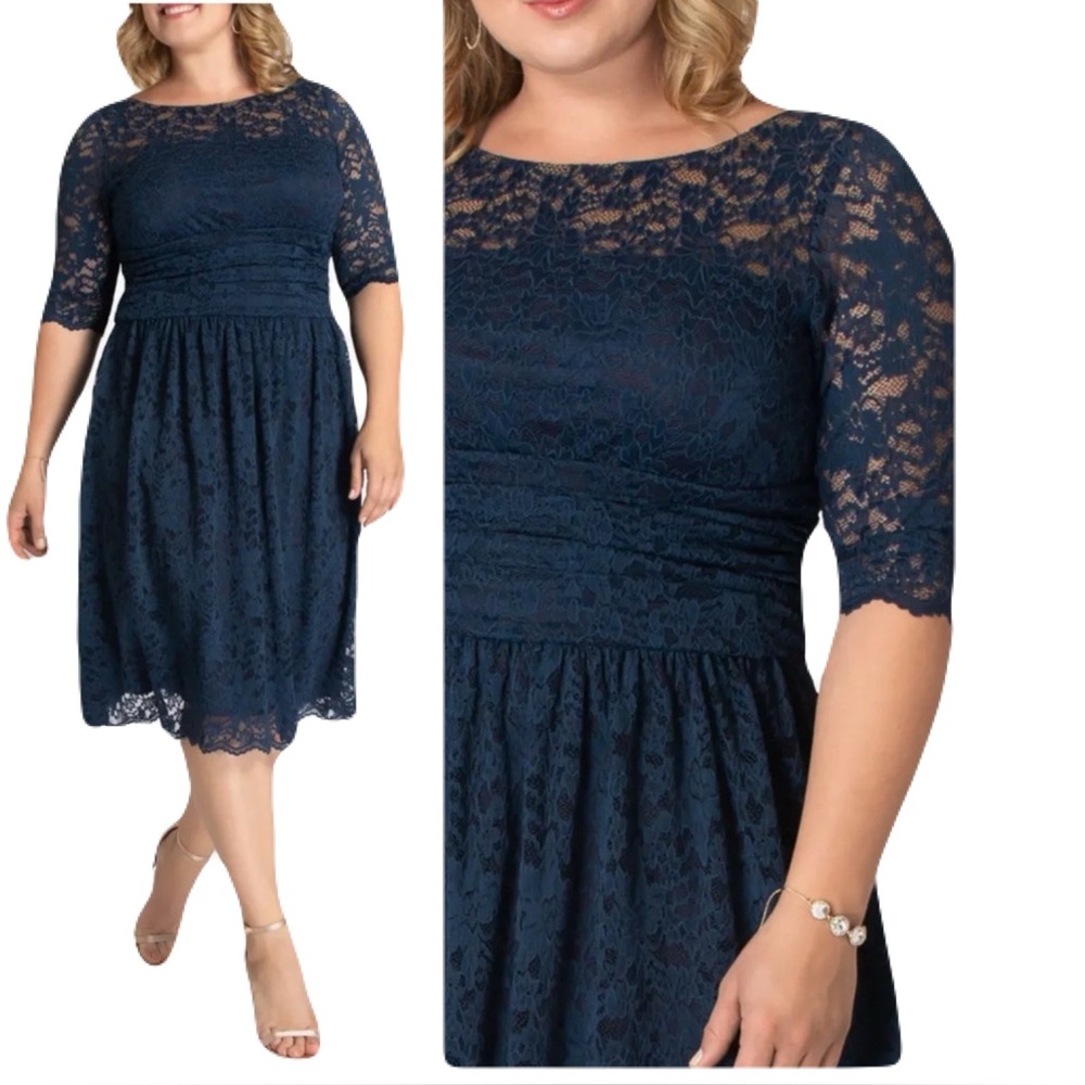 NWT Kiyonna Floral Luna Lace Overlay Cocktail Dress Dark Navy Blue Plus size 3